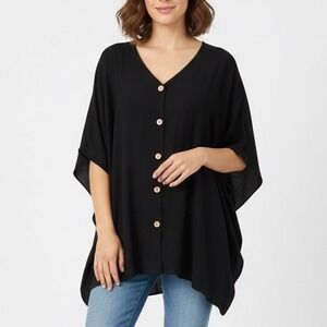 AiMage Black Kaftan Tunic Top Oversized Button Front V Neck XL